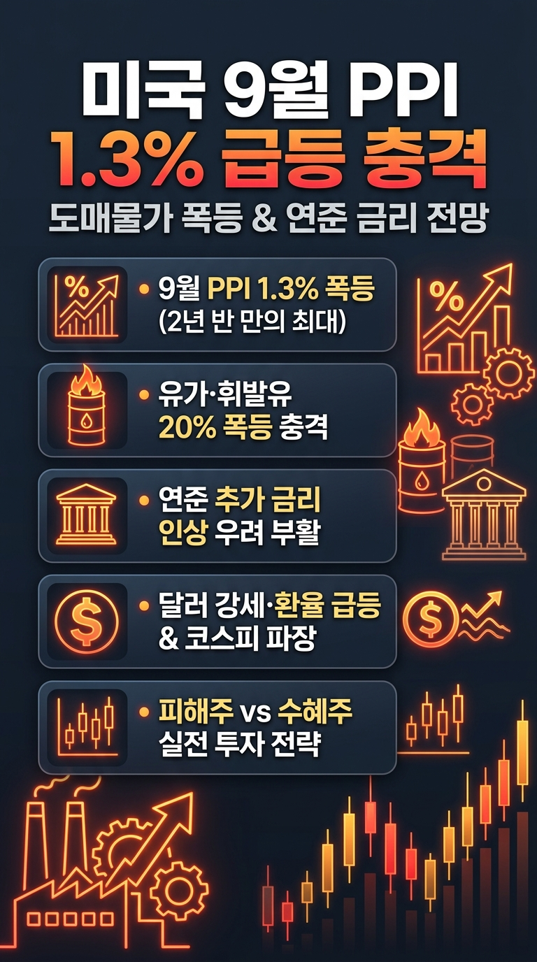 미국 9월 생산자물가(PPI) 급등, 전망치 상회, 원인, Fed 금리 인상 가능성, 환율·주가 영향, 관련주 총정리