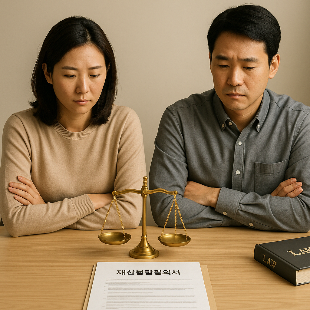 재산분할 협의를 위해 마주 앉아 있는 부부가 법률 문서를 검토 중인 장면