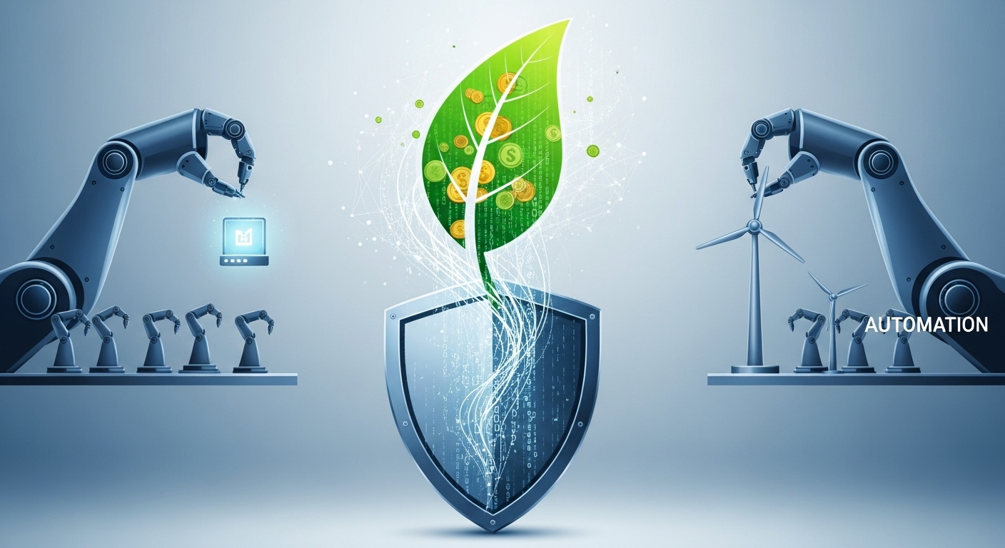 데이터 보안, ESG 녹색 금융, RPA 자동화 기술의 상호 연결성을 보여주는 세련된 인포그래픽