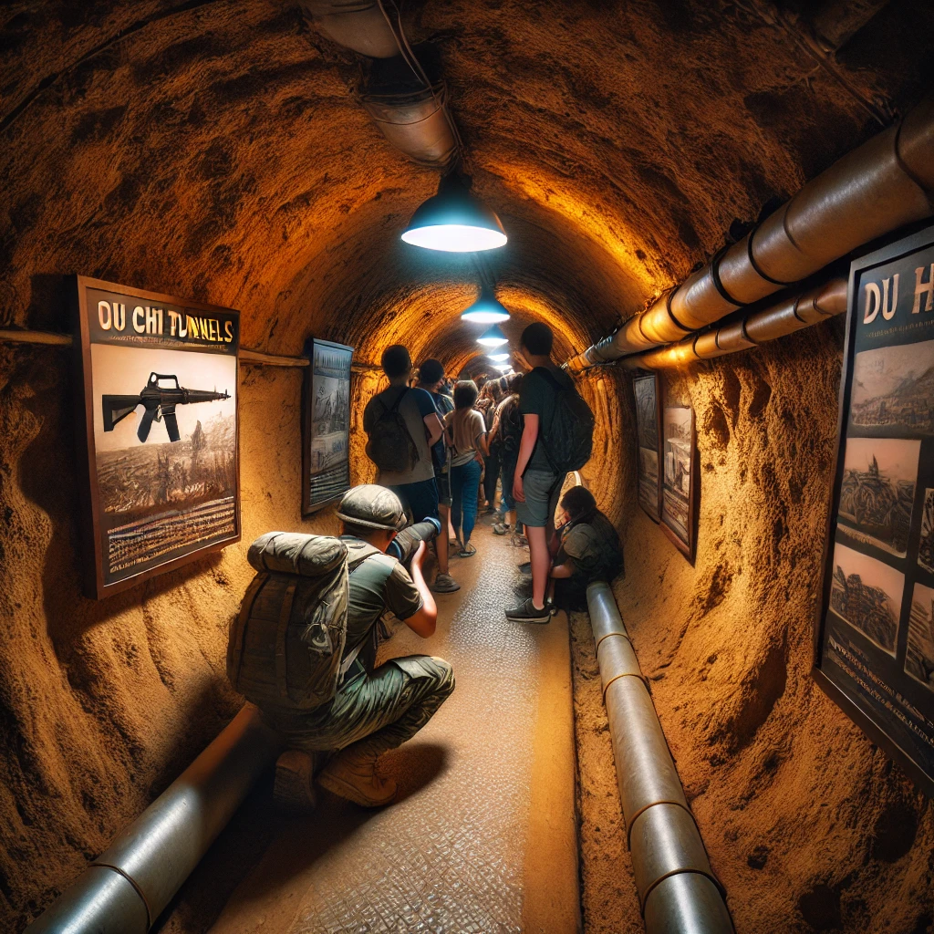 꾸찌 터널 내부 모습과 좁은 터널을 지나가는 관광객들