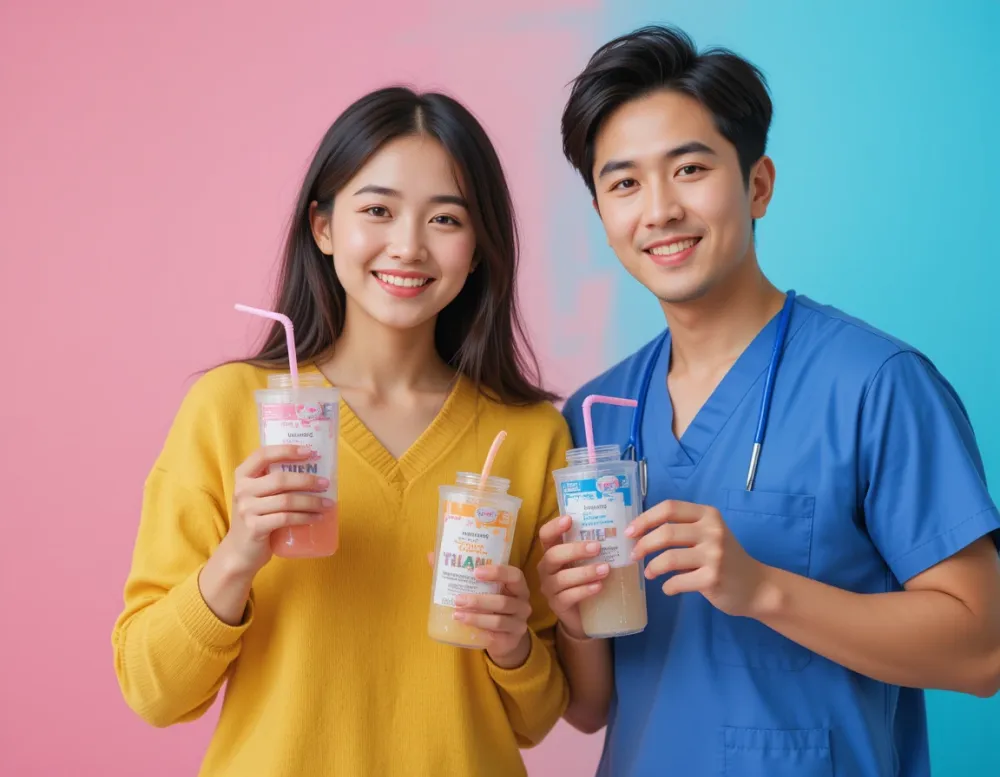 대장내시경 약 복용법 음료를 들고 함께 웃는 남녀의 모습