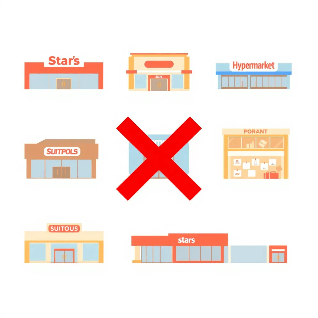 백화점, 대형마트, 전자제품 직영매장 등 상생페이백이 적용되지 않는 장소들의 아이콘에 빨간색 'X' 표시가 된 모습입니다. 독자들이 착오 없이 소비할 수 있도록 안내하는 그림입니다.