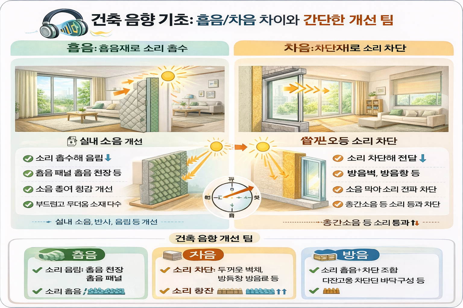건축 음향 기초: 흡음/차음 차이와 간단한 개선 팁(흡음, 차음, 방음)