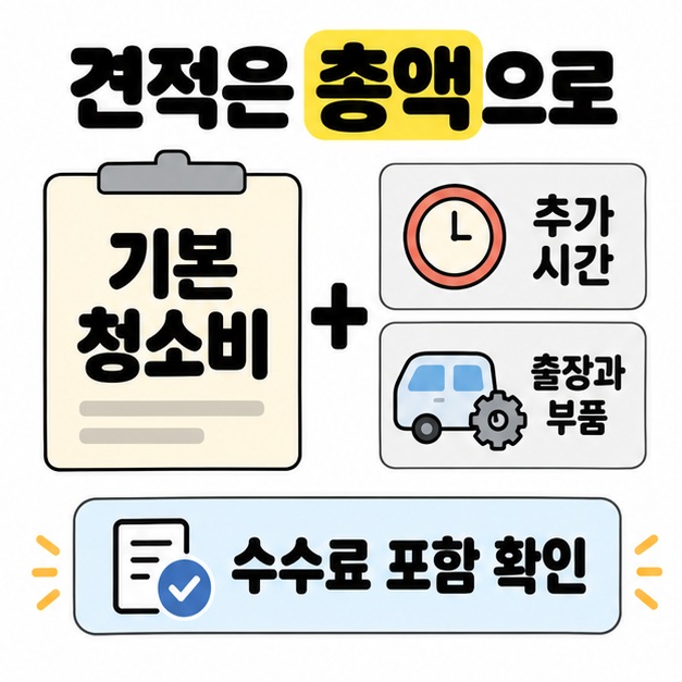 견적은 총액으로 제목 아래 기본 청소비에 추가 시간과 출장 및 부품을 더해 살펴보고 수수료 포함 여부를 확인하도록 안내하는 카드