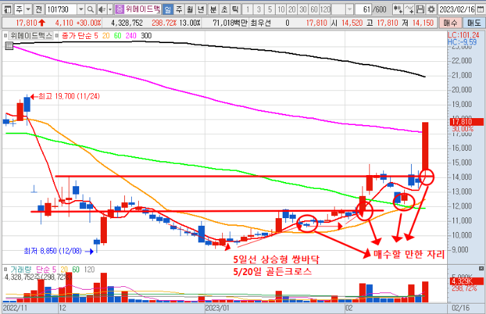 2월 16일 위메이드맥스 일봉 차트