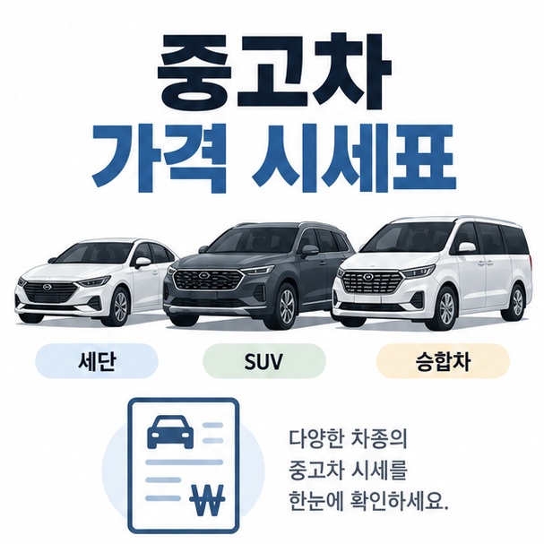 자동차 여러 대와 가격표 아이콘 위에 중고차 가격 시세표 문구가 표시된 대표 이미지