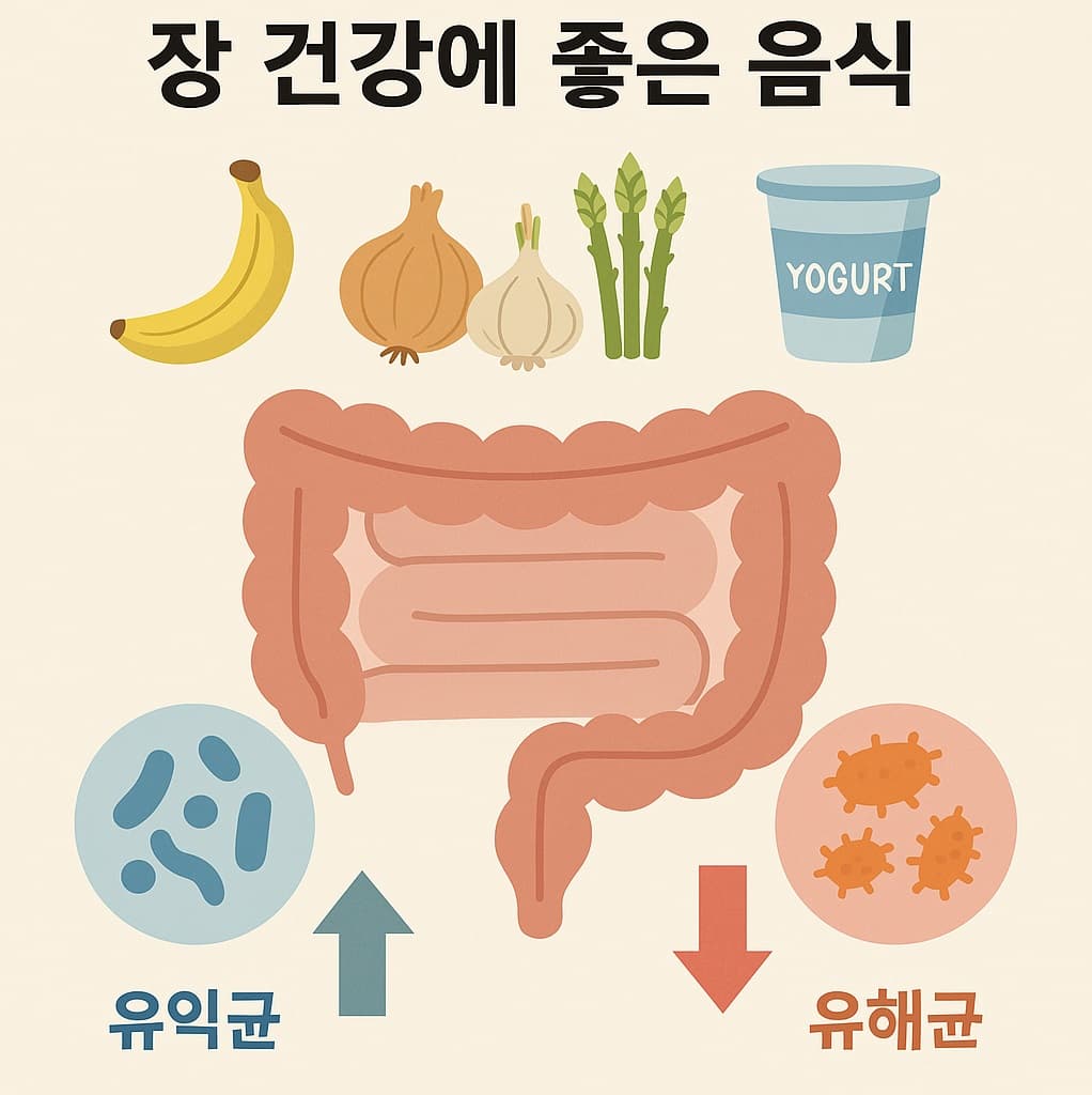 장 건강에 좋은 음식과 유익균-유해균의 관계를 도식화한 인포그래픽