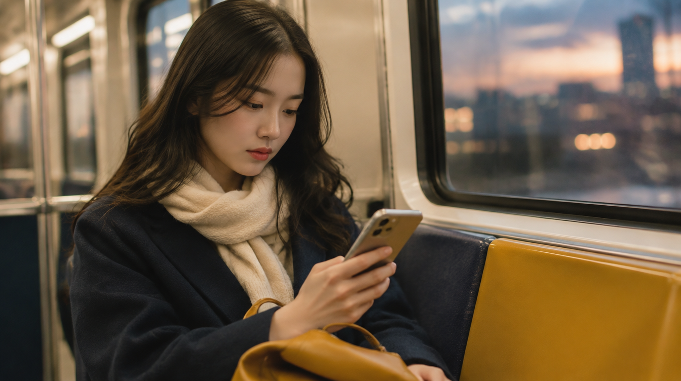 지하철에서 스마트폰을 보며 구독 서비스를 떠올리는 여성