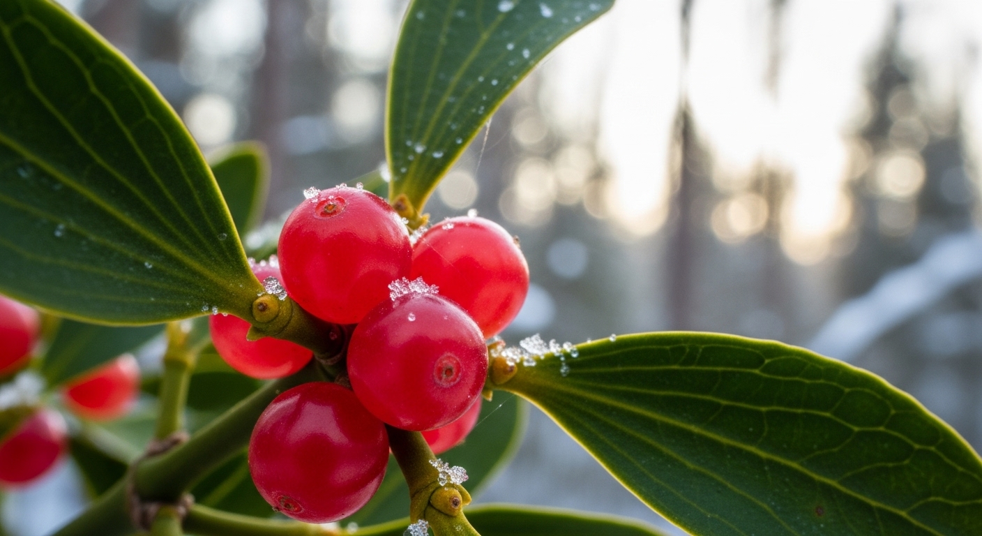겨우살이의 붉은 열매와 푸른 잎사귀 클로즈업, 자연의 생명력이 느껴지는 모습.