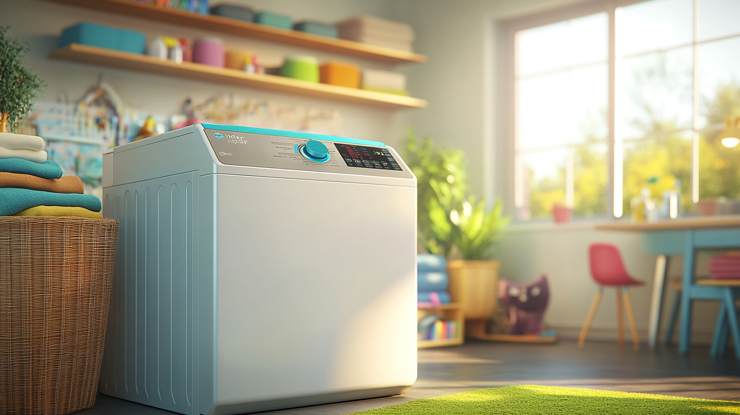 넓은 가족 세탁실에서 작동 중인 에너지 효율적인 통돌이 세탁기로, 자연 채광이 밝게 비추어 좋은 세탁 환경을 제공합니다.