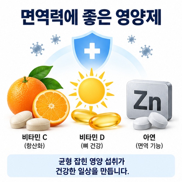 면역력에 좋은 영양제라는 제목과 비타민 C, 비타민 D, 아연을 상징하는 영양소 아이콘을 표현한 대표 이미지