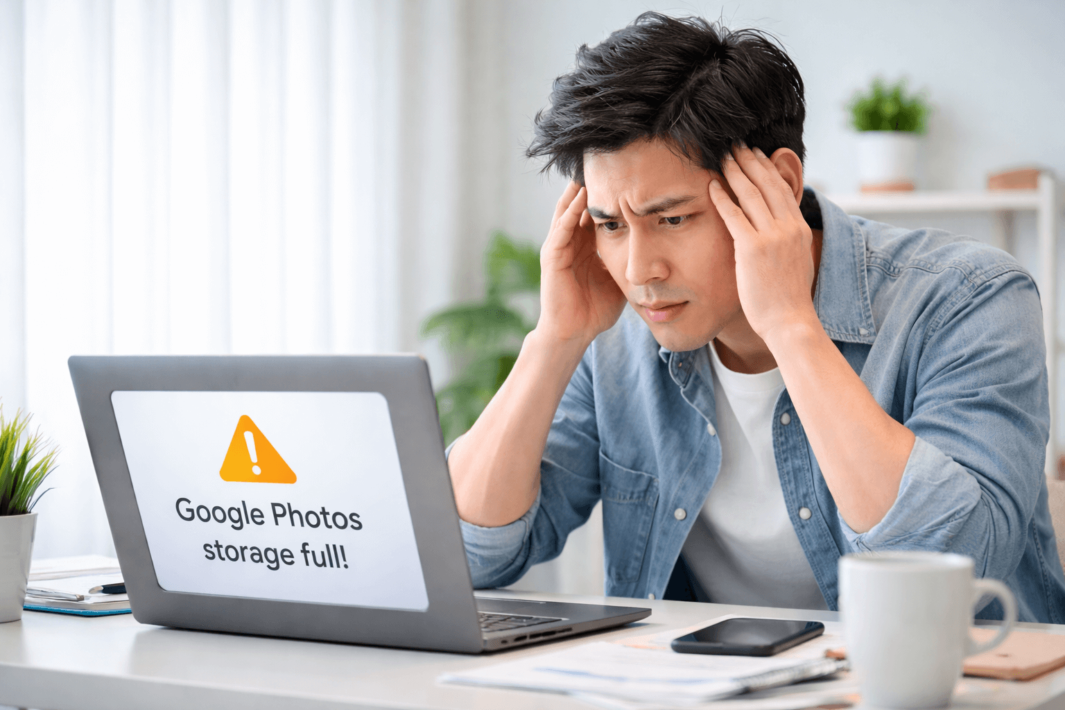구글 용량이 찰때 문제점 해결하기. 남자가 컴퓨터를 보며 스트레스받는 모습.