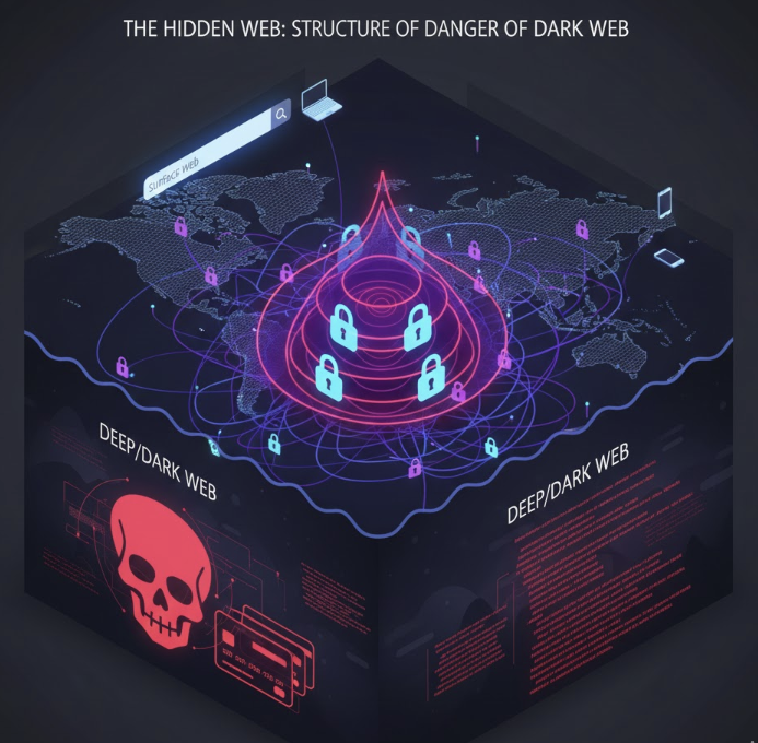 표면 웹과 딥 웹, 다크 웹의 계층 구조를 보여주는 인터넷 빙산 모델과 함께 토르(Tor) 네트워크의 다중 암호화 라우팅 원리 및 다크 웹 내 범죄 유형을 시각화한 보안 정보 인포그래픽.