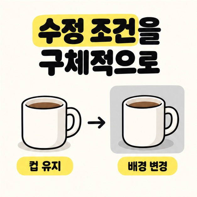 같은 모양의 머그잔을 유지하고 배경을 연회색으로 바꾸는 예시와 컵 유지 및 배경 변경 문구