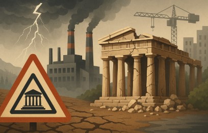 번개, 연기, 균열된 고대 신전과 개발 현장이 함께 있는 세계유산 위협 장면