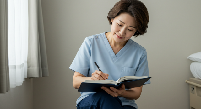 보호자가 부모의 증상을 일지에 메모하는 모습