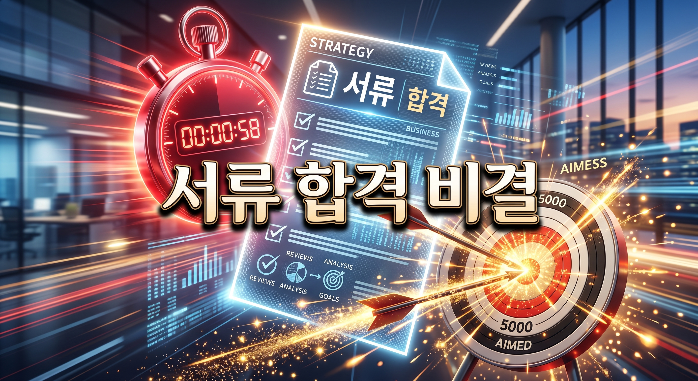 붉은색 초시계가 빛나는 디지털 서류와 겹쳐 있고, '5000'이라고 적힌 과녁의 정중앙을 화살이 뚫고 나오며 황금빛 불꽃이 튀는 3D 일러스트 배경에, 짙은 그림자와 외곽선으로 선명하게 강조된 '서류 합격 비결'이라는 한글 문구가 중앙에 적힌 이미지