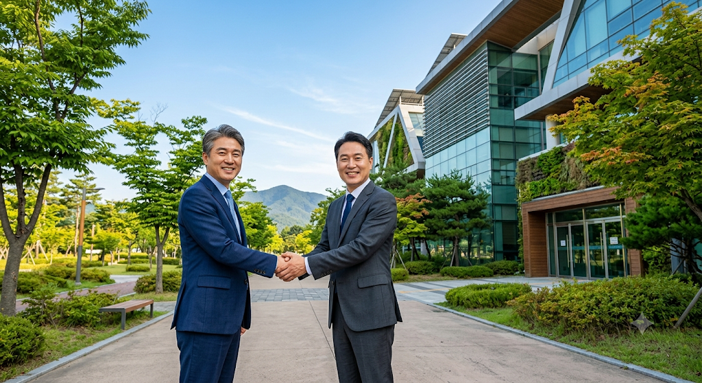 맑은 날 전북 소재의 모던한 회사 건물 앞에서 신뢰 가득한 미소를 지으며 악수를 나누는 활기찬 50대 신중년 근로자와 중소기업 사업주의 다정한 실사 모습