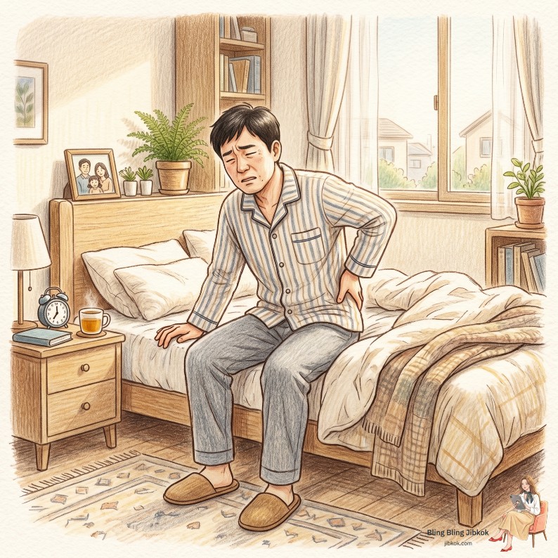 아침에 일어날 때 허리 통증과 뻣뻣함을 느끼는 40대 남성 (Morning stiff back pain in 40s)