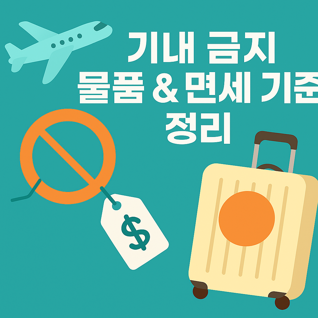 기내 금지 물품 및 면세 기준 정리를 안내하는 인포그래픽 이미지. 밝은 배경에 여행용 캐리어, 금지 표지, 달러 태그, 그리고 텍스트 &quot;기내 금지 물품 &amp; 면세 기준 정리&quot;가 포함되어 있음.