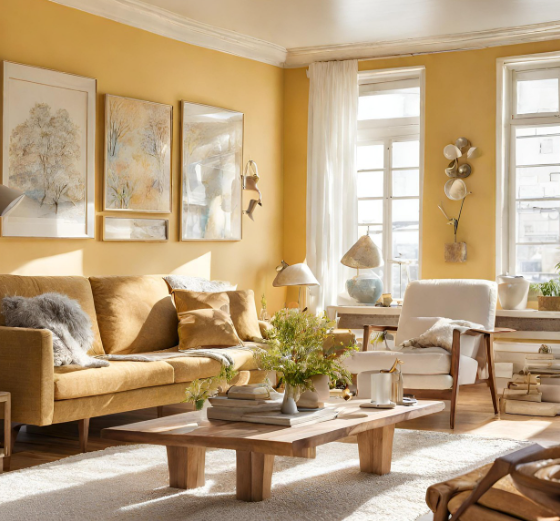 sunny salon with yellow walls and couches