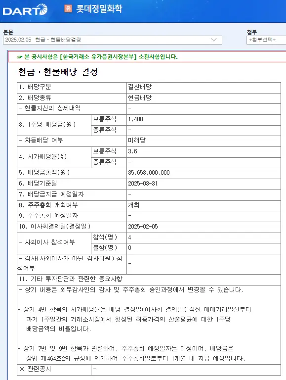 롯데정밀화학(004000) 2025년 배당