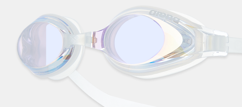 아레나 실키 리논 미러 수경 클리어 화이트 렌즈 클로즈업 사진