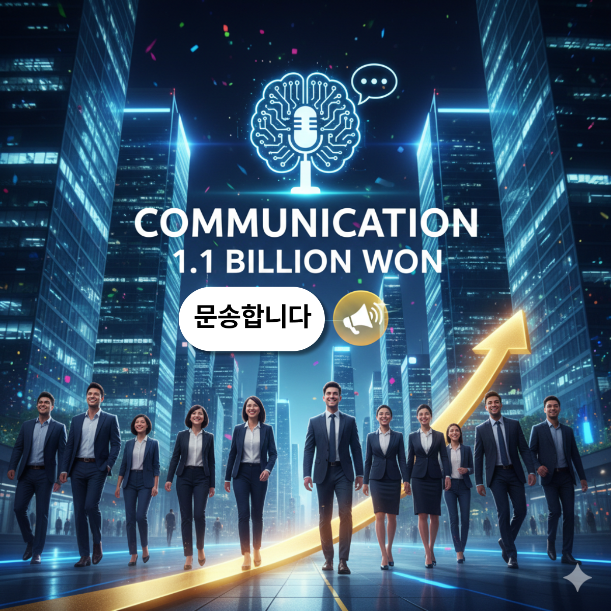"밤의 고층 빌딩 숲을 배경으로 정장을 입은 전문가들이 당당하게 걷고 있으며, 상단에 커뮤니케이션 11억 연봉(COMMUNICATION 1.1 BILLION WON) 문구와 급등하는 황금색 화살표 그래프가 그려진 이미지"