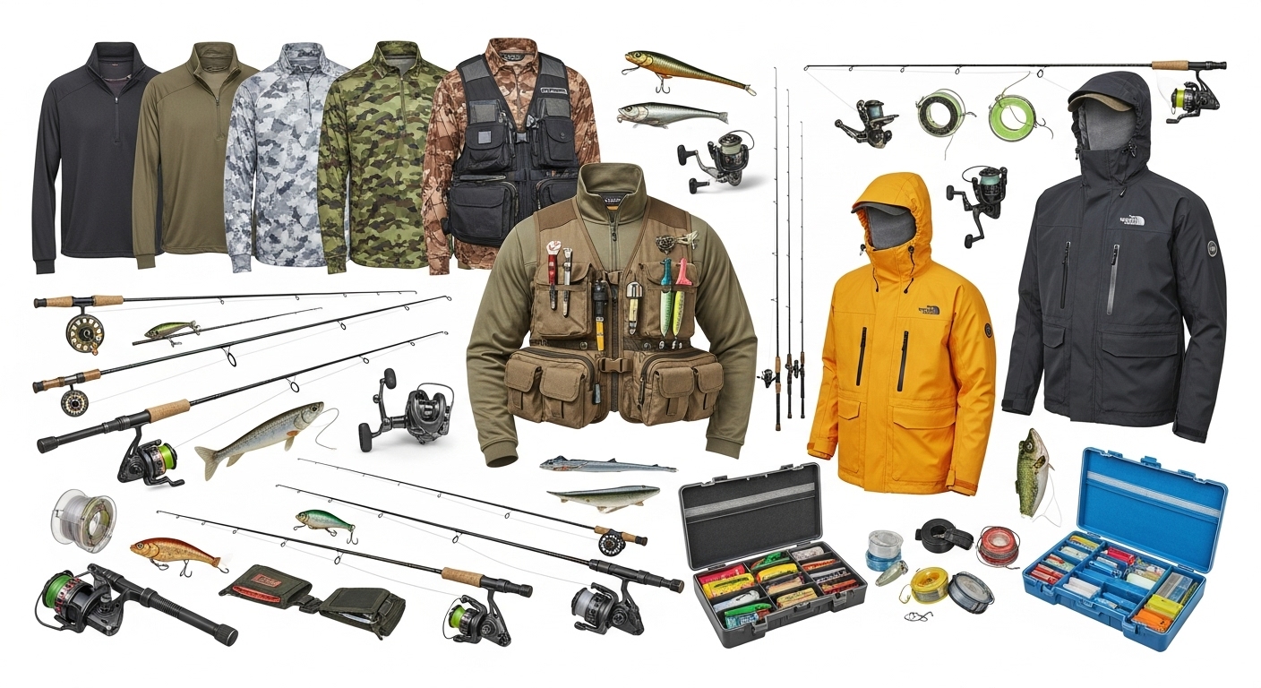 여러가지 낚시 의류와 장비 사진