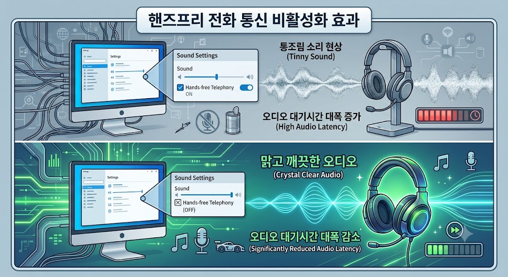 장치 속성의 서비스 탭에서 핸즈프리 전화 통신 체크박스를 해제하는 윈도우 설정 창