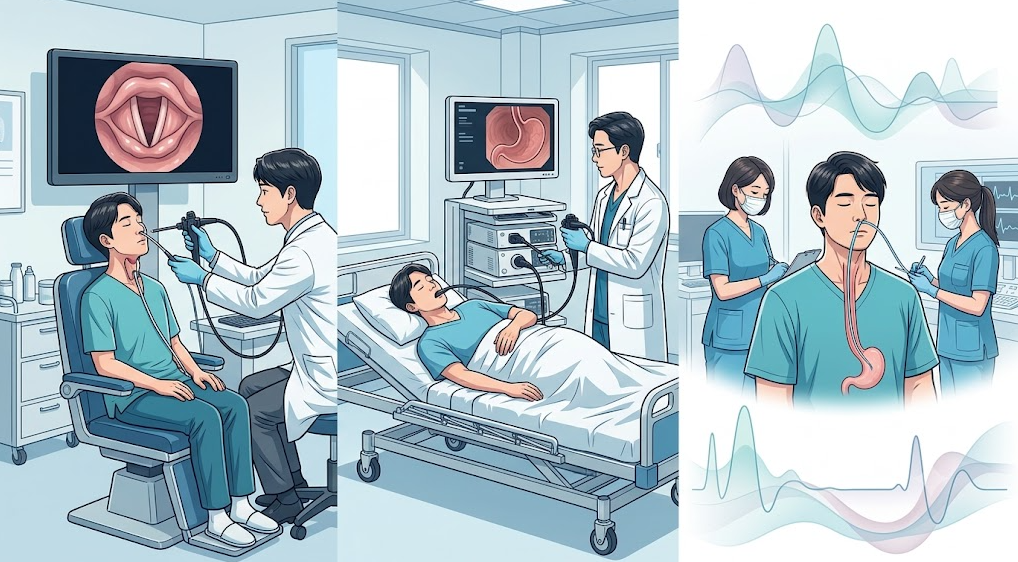 목 이물감 및 삼킴 불편으로 진료받는 한국 성인 환자와 의료진의 상담 장면 및 과거 수술, 기관삽관, 신경계질환 상황