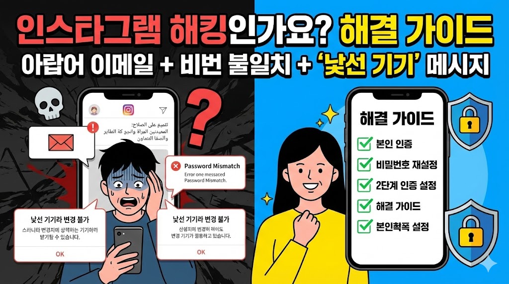 인스타그램 해킹인가요? 아랍어 이메일 + 비밀번호 불일치 + &lsquo;낯선 기기라 변경 불가&rsquo; 뜰 때 해결 가이드