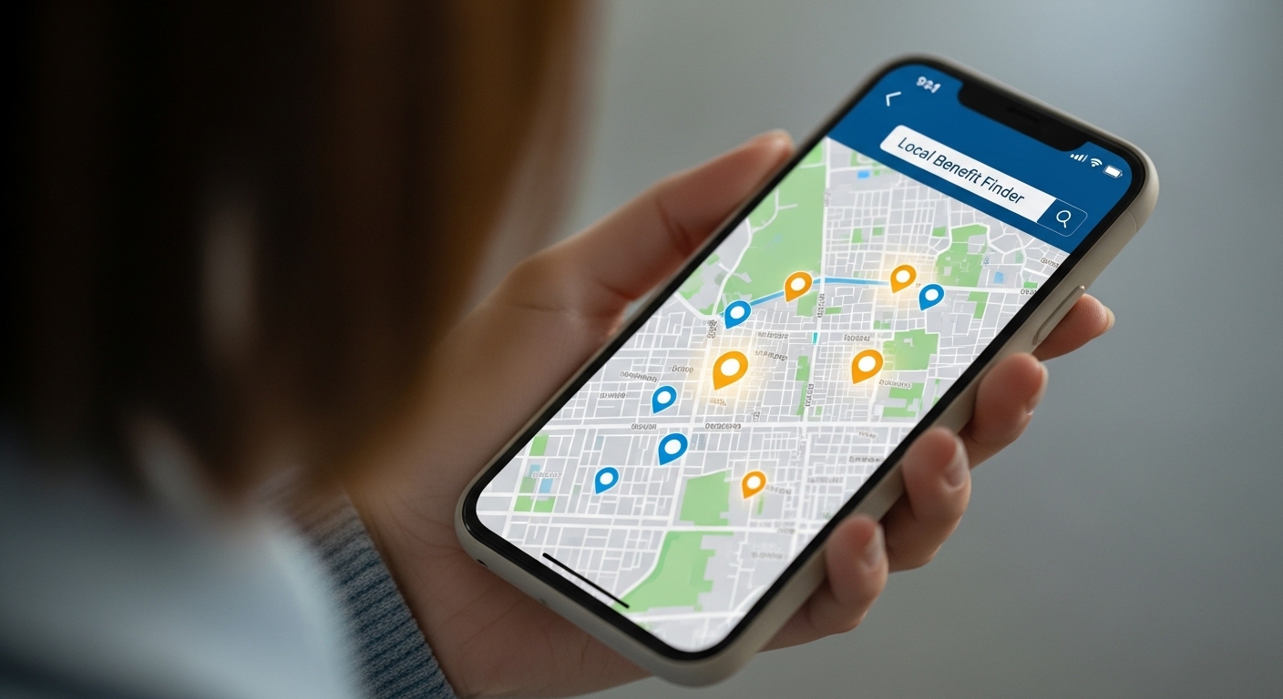 스마트폰 앱을 사용하여 사용자가 거주하는 지역의 지자체 지원금을 검색하고 찾는 모습