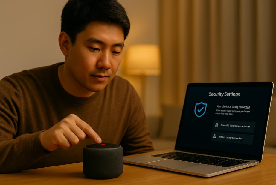 남성이 스마트 스피커 마이크를 끄고 노트북 보안 설정 확인