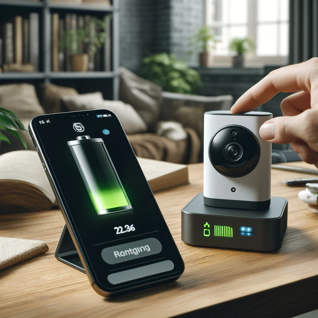 무선 보안 카메라의 배터리를 확인 중인 사람&amp;#44; 스마트폰 배터리 상태 앱이 함께 보이며 카메라는 테이블 위에 놓여 있음&amp;#44; 배경에는 책과 식물이 있는 아늑한 가정 인테리어가 보임