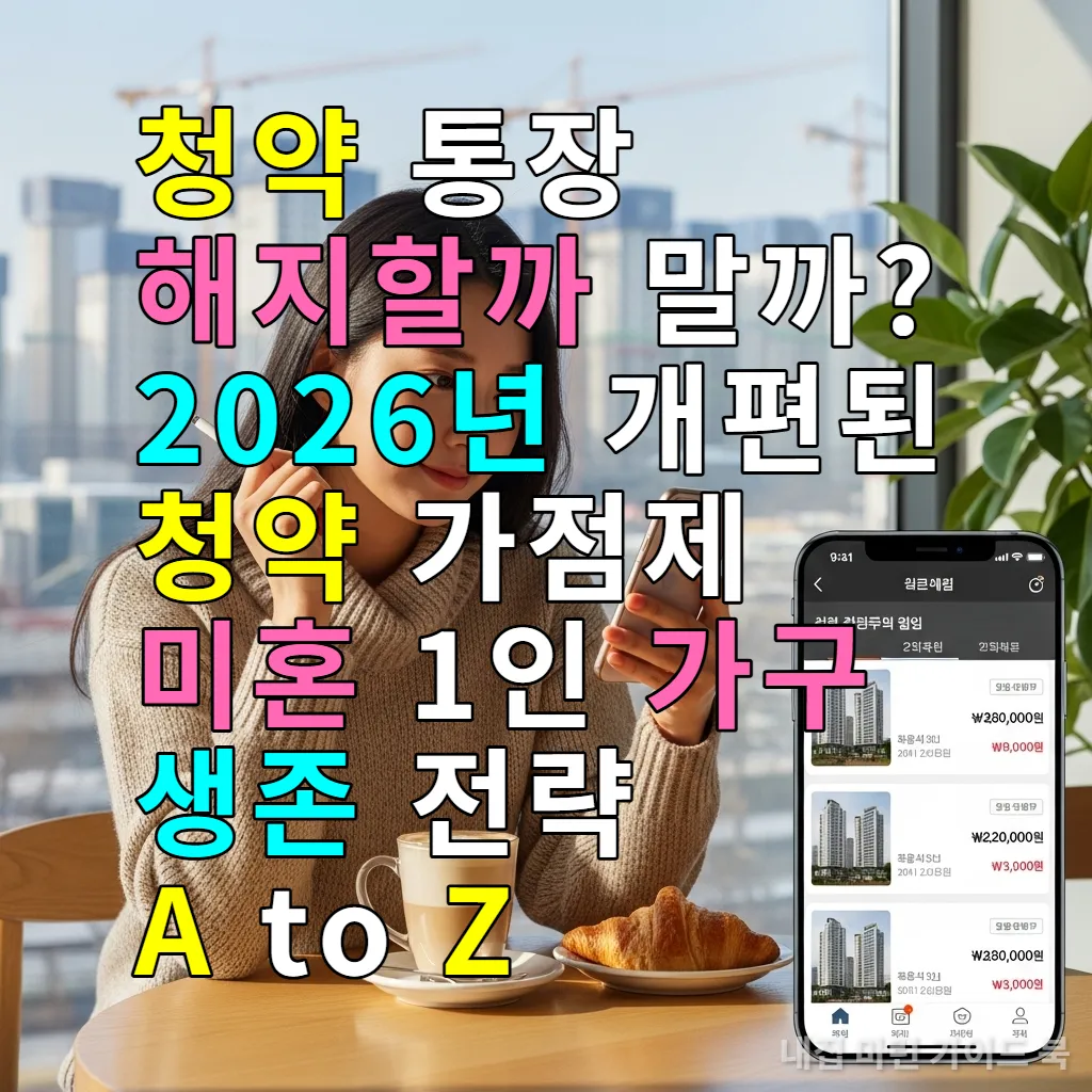 2026년 서울 카페에서 스마트폰으로 청약 정보를 확인하는 한국 여성과 신축 아파트 배경