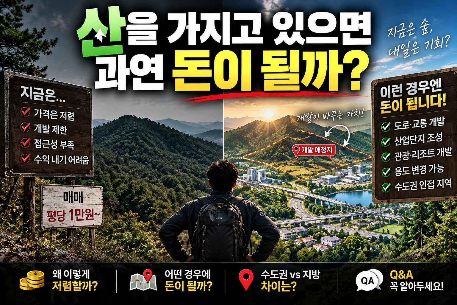 산을 보유하고 있으면 돈이 될지 안될지를 판단하는 이미지로 표현함