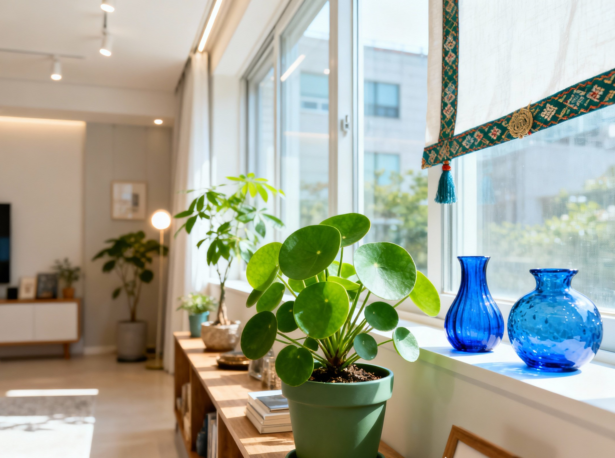 재물운을 높이는 풍수 인테리어 거실 배치 예시 – 창가에 관엽식물과 자연광을 활용한 공간