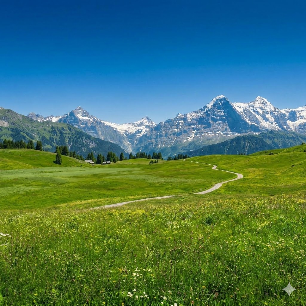 Breathtaking 1:1 landscape photograph of vast, tranquil Swiss emerald green meadows in summer under a clear sky, dotted with wildflowers and a winding dirt path, with snow-capped, rugged Alps rising in the distance, evoking absolute serenity.