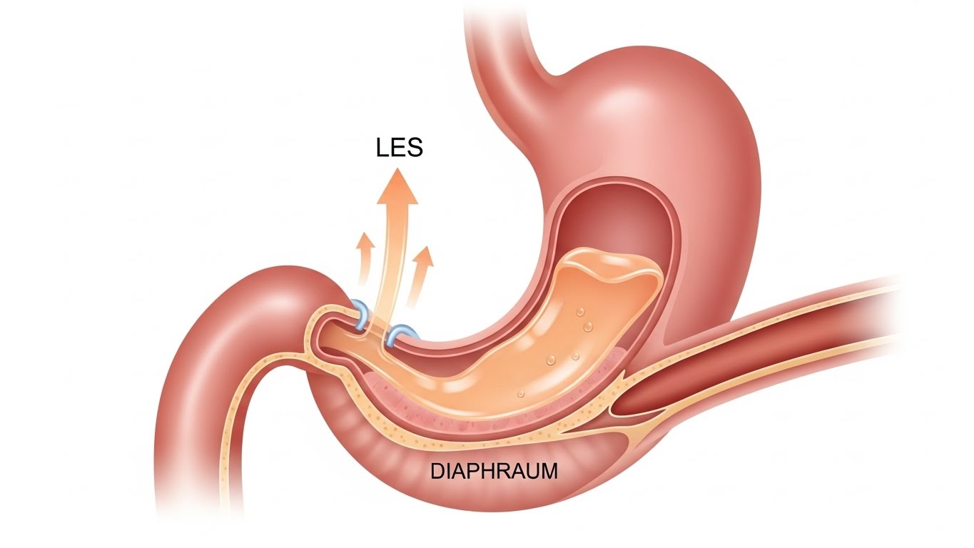 역류성 식도염 증상과 위산 역류 원리를 설명하는 건강 정보 이미지