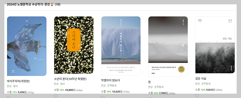 2024년 노벨 문학상 한강 작품 구매 및 프로필 상금