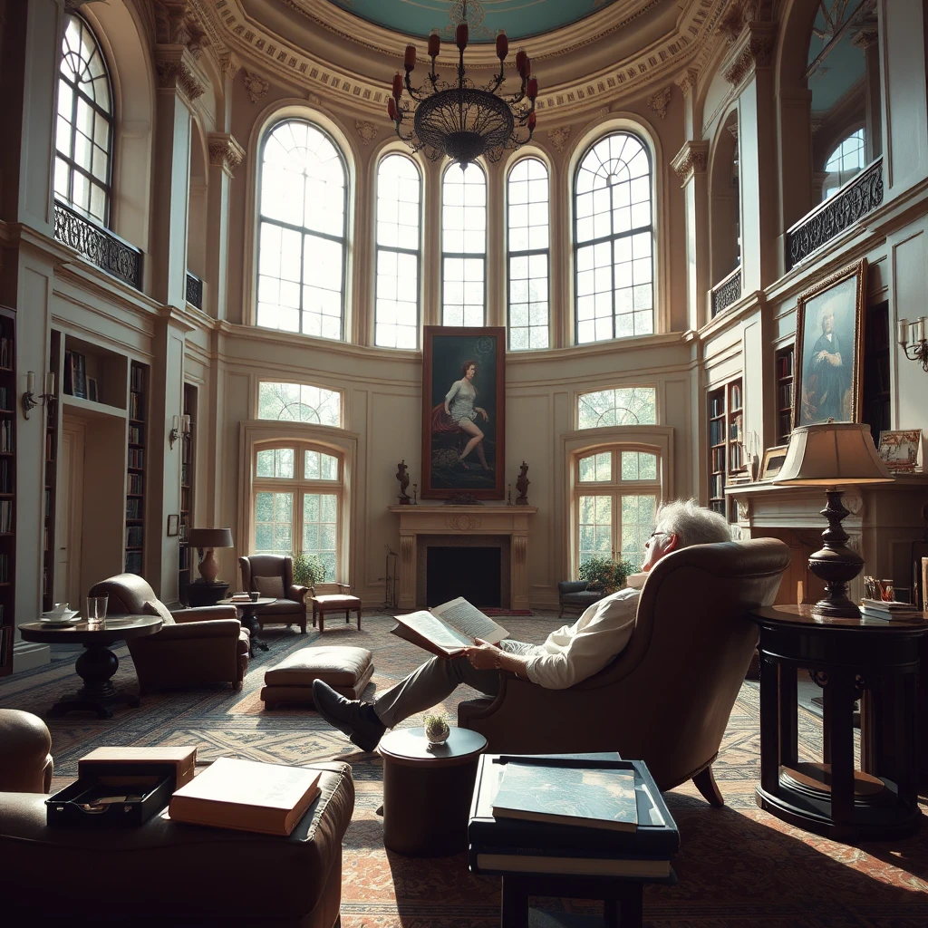 대저택에서 책을 읽고 있는 사람