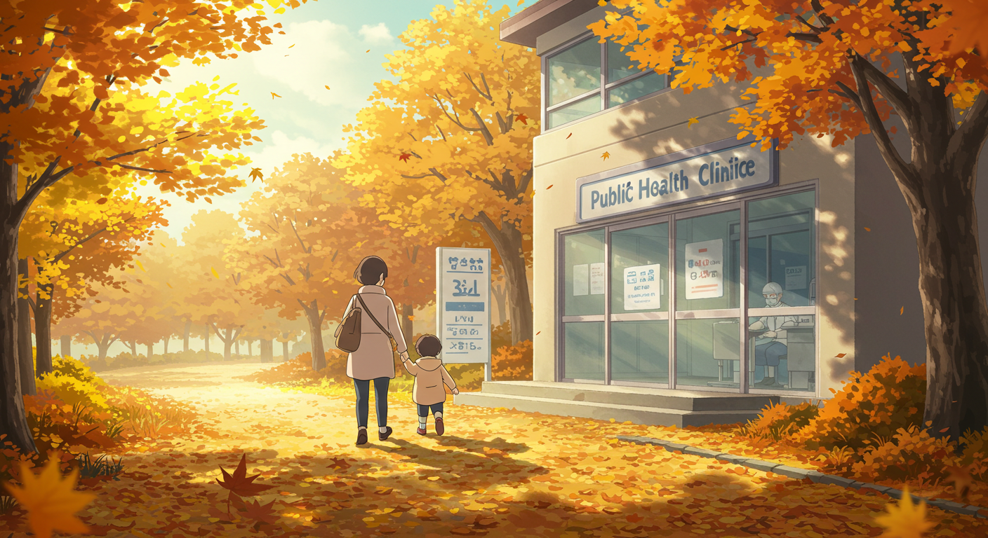 가을 보건소 앞에서 예방접종 받으러 가는 부모와 아이 썸네일