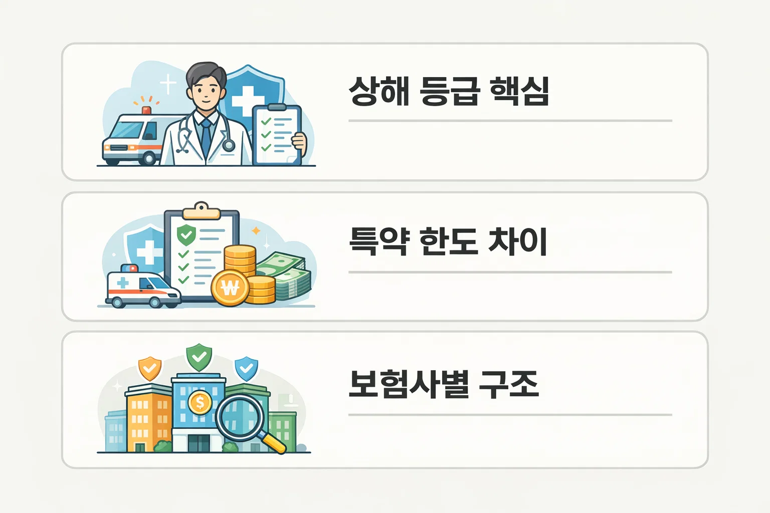 운전자보험 교통사고 위로금 산정 시 적용되는 상해 등급 핵심, 특약 한도 차이, 보험사별 구조 등을 비교해 실제 지급 금액 차이를 설명한 이미지