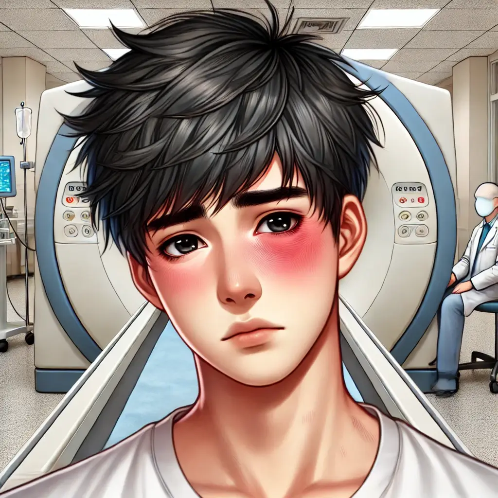 병원 CT/MRI 기계 앞에서 조영제 알레르기로 인해 얼굴 부어오른 남자의 모습