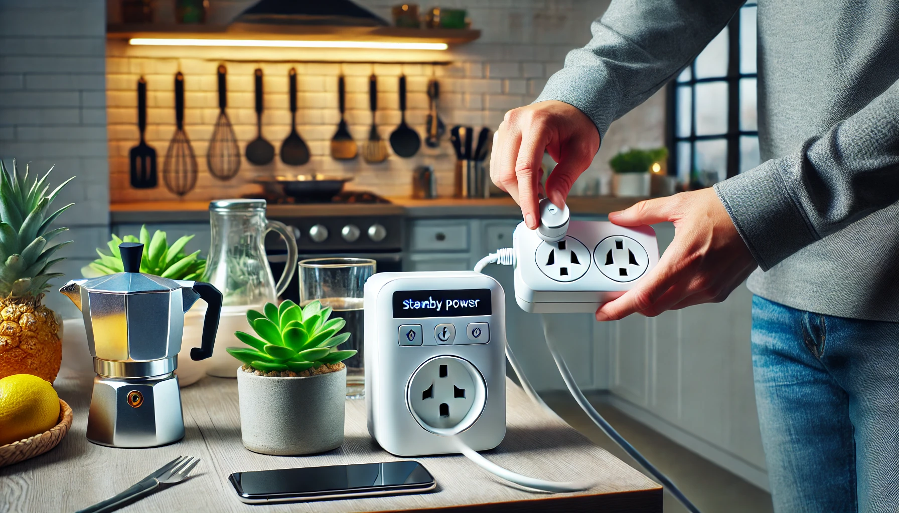 DALL·E 2025-03-28 23.19.46 - How to cut standby power of home appliances _ 4K realistic image _ Person unplugging appliances or switching off smart plug _ Bright kitchen or living.webp