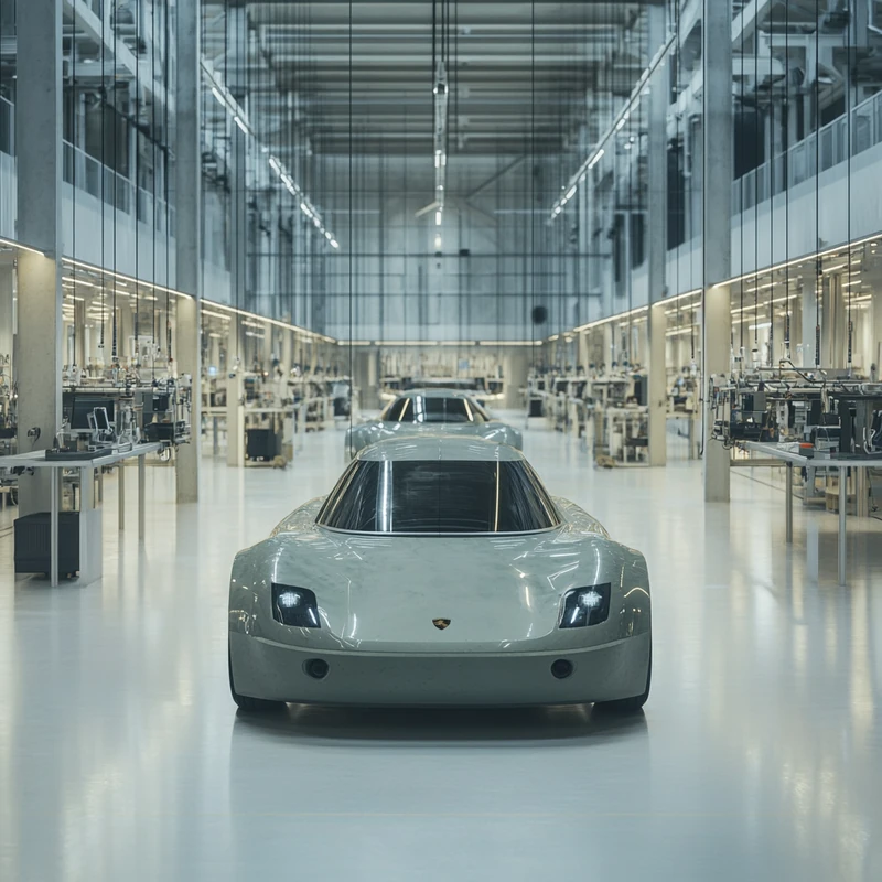 최첨단 전기차 공장 내부 전경. 혁신적인 조립 공정과 고급스러운 미래적 분위기를 강조. 세밀한 조명과 프로페셔널한 스타일