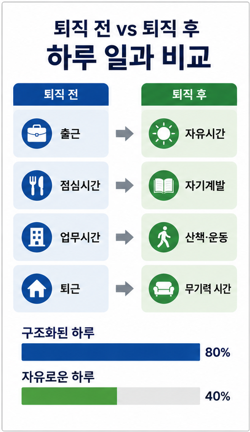 퇴직 후 현실 하루 일과 변화 비교