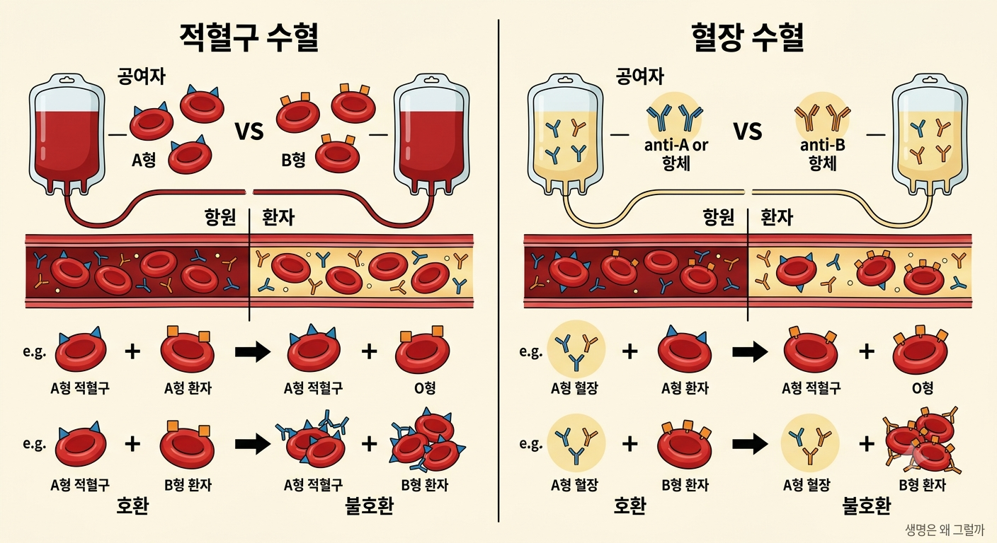 적혈구 수혈과 혈장 수혈에서 항원과 항체를 다르게 고려하는 원리
