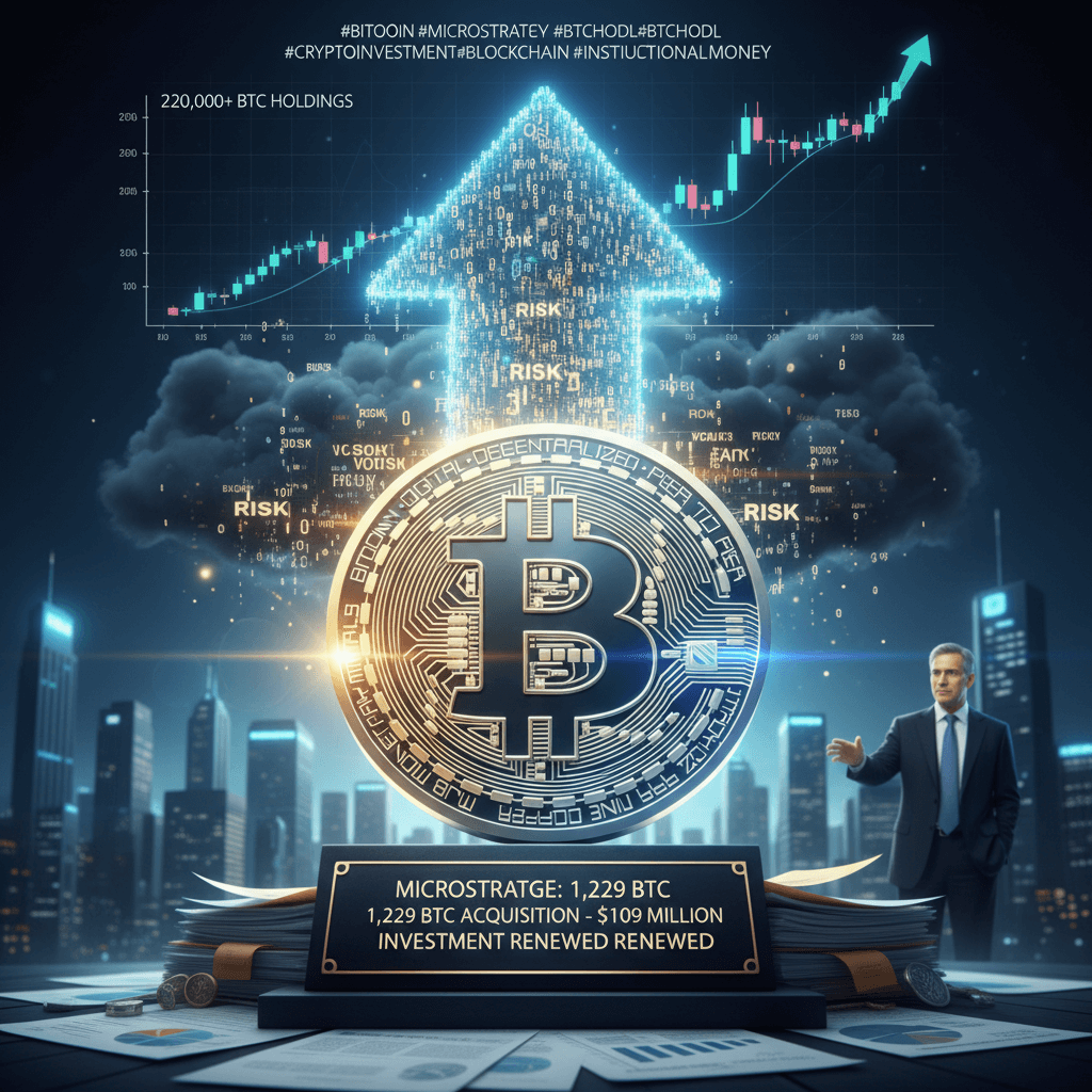 비트코인 상승장과 마이크로스트래티지의 대규모 BTC 투자를 나타내는 그래프, 리스크 경고, 도시 야경